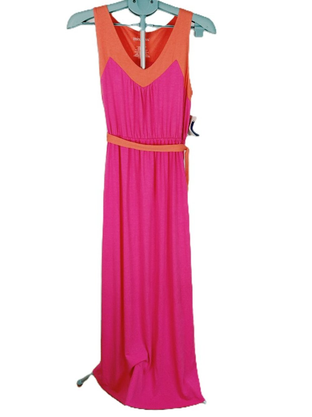 Mix & Co. Belted Maxi Dress Women's Large Pink Orange V-Neck Sleeveless Jersey